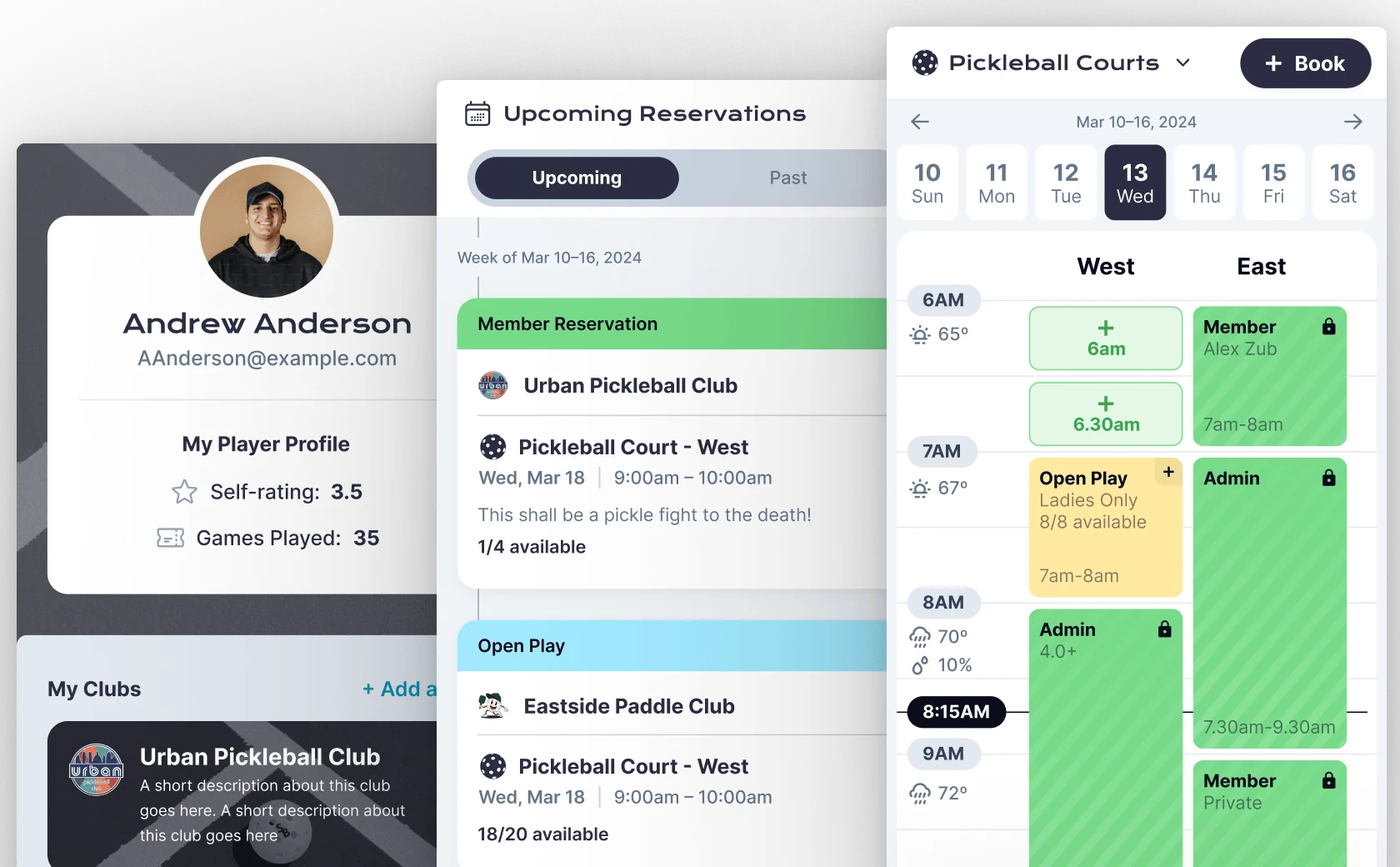 OpenCourt court booking and player profile screens