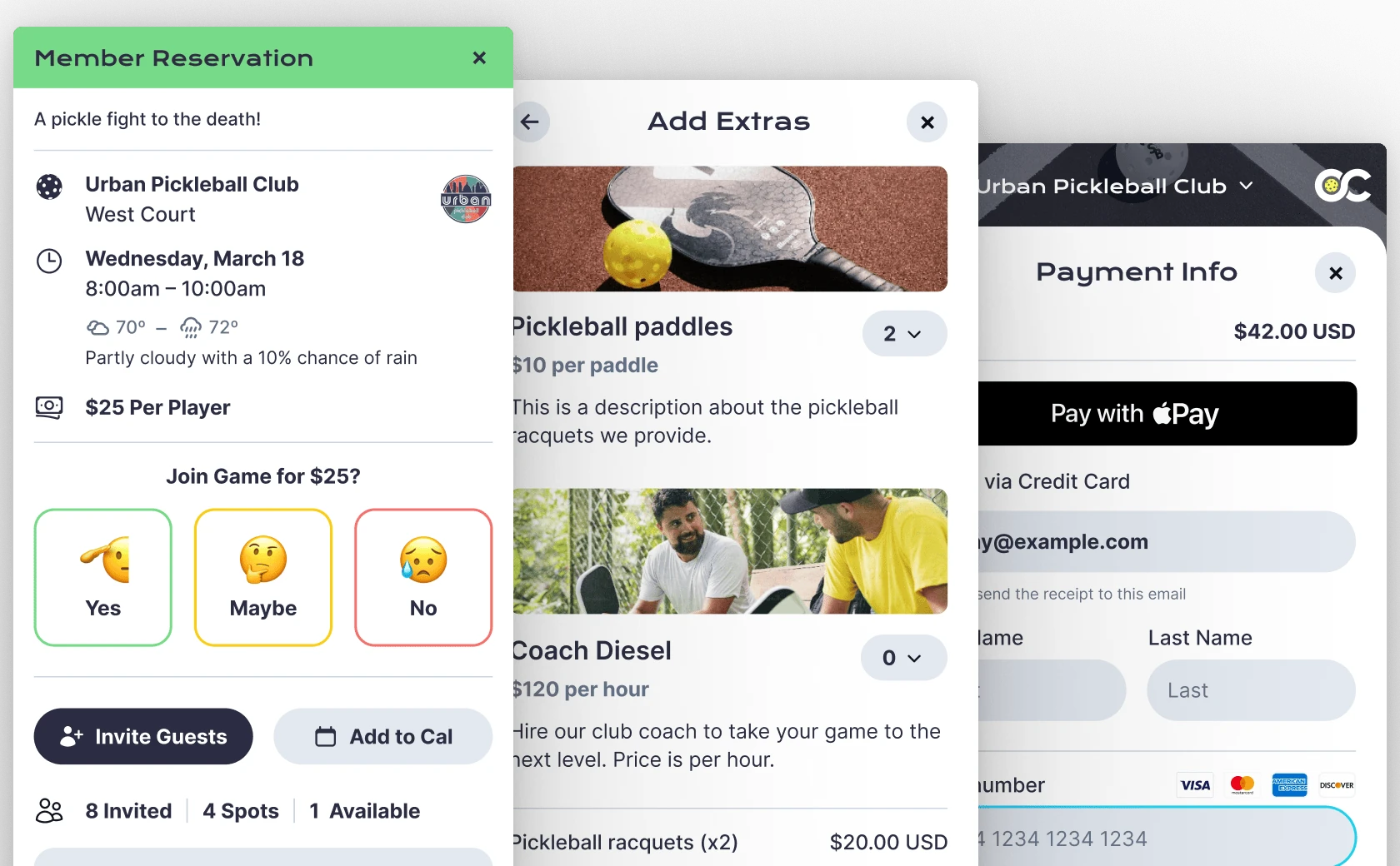 OpenCourt event invites, add-on extras, and checkout screens